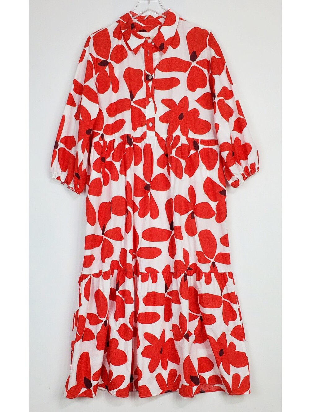 Maeve Anthropologie Xl tiered midi shirt dress 3/4 sleeves floral red bohemian - Picture 4 of 14